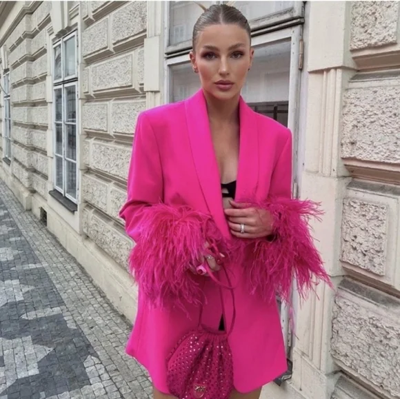 Zara Straight Cut Pink Feather Blazer NWT Size S - Picture 2 of 14